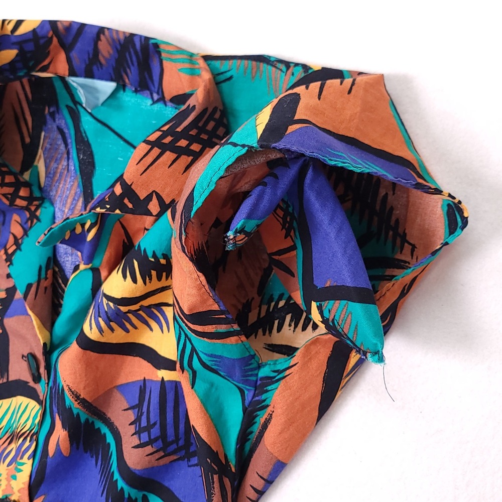 Vintage 80s Abstract Tropical Midi Dress Sleeveless Padded Shoulder Multicolor - Picture 4 of 10